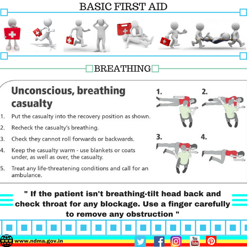 If the patient isn’t breathing – tilt head back and check throat for any blockage. Use a finger carefully to remove any obstruction